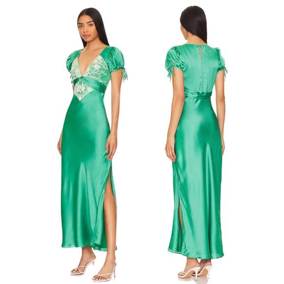 Free People Dresses & Skirts - Free People Cooper Satin Maxi Slip Dress Sz 12 Lace Emerald Green Cottagecore